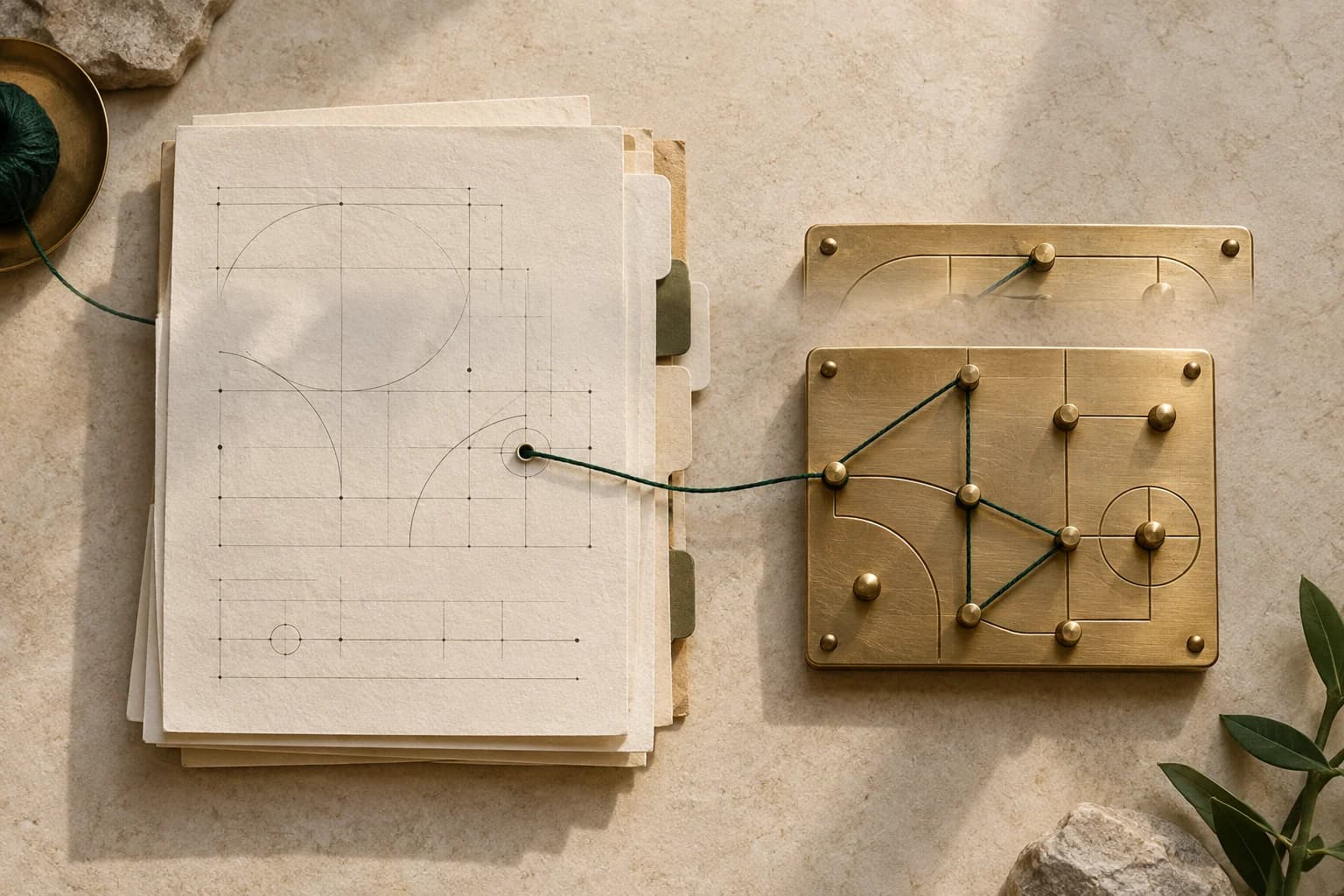 Imagen editorial de planos de ingeniería conectados a un tablero modular, en tonos papel y latón.